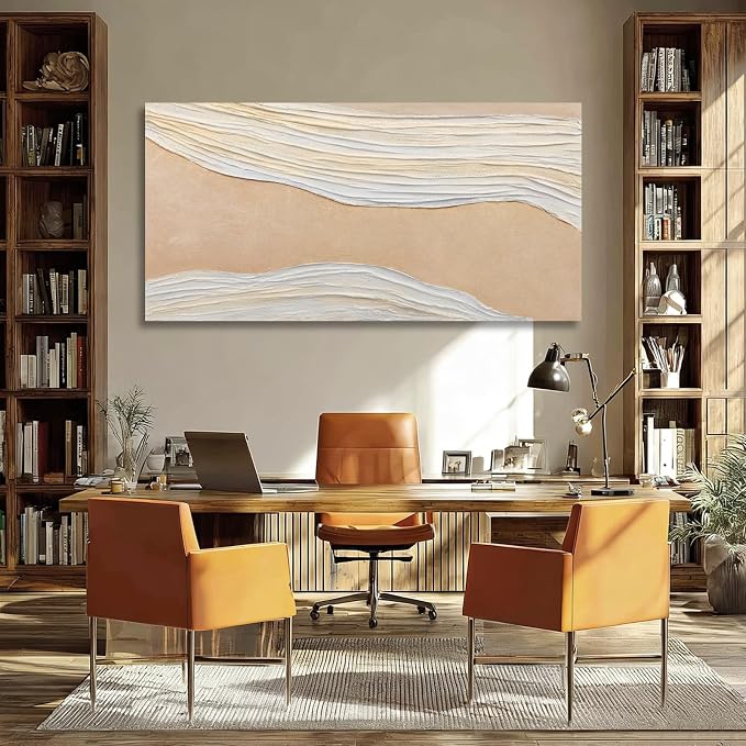 Dolidoteart Beige White Canvas Wall Art, Hand Painted Abstract Oil Painting, Large Neutral Textured Wall Decor for Living Room Bedroom, Horizontal 24x48 Inch
