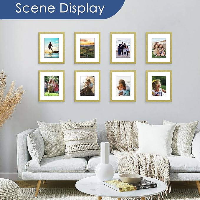 PEALSN 8x10 Picture Frame Set of 6, Display Pictures 5x7 with Mat or 8x10 Without Mat for Wall Mounting or Table Top Display, Photo Frames Collage for Wall Decor, Gold
