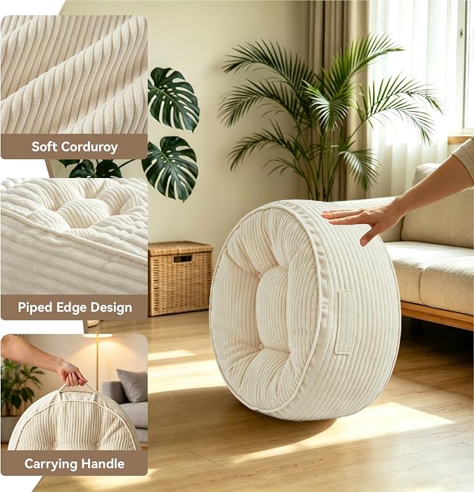 11" Washable Round Floor Pillow for Adults Thick Meditation Cushion for Sitting Large Yoga Pillows on Floor Ottoman to Elevate Leg for Tatami Living Room, 22x22 Inch, Cream