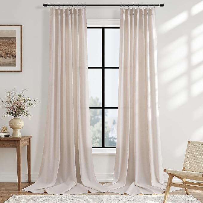 Guken Cream Beige Pinch Pleated Linen Curtains 84 Inches Long 2 Panels Set for Living Room Bedroom Modern Farmhouse Boho Semi Sheer Light Filtering Back Tab Draps with Hooks Rings for Nursery 40x84