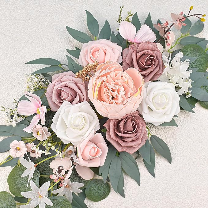 Pink Wedding Arch Flowers Set of 2, Artificial Wedding Arch Floral Swag Arrangement for Reception Photo Backdrop Decoration, Bridal Shower, Baby Shower