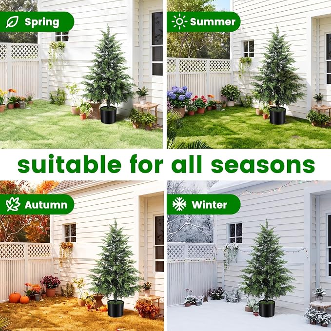 ENVEN Outdoor Artificial Topiary Cedar Tree Real Touch Faux Pine Evergreen Shrub Plant UV Resistant Greenery Tree with Pot Realistic Cypress Front Porch Decor (3FT-1Pack)