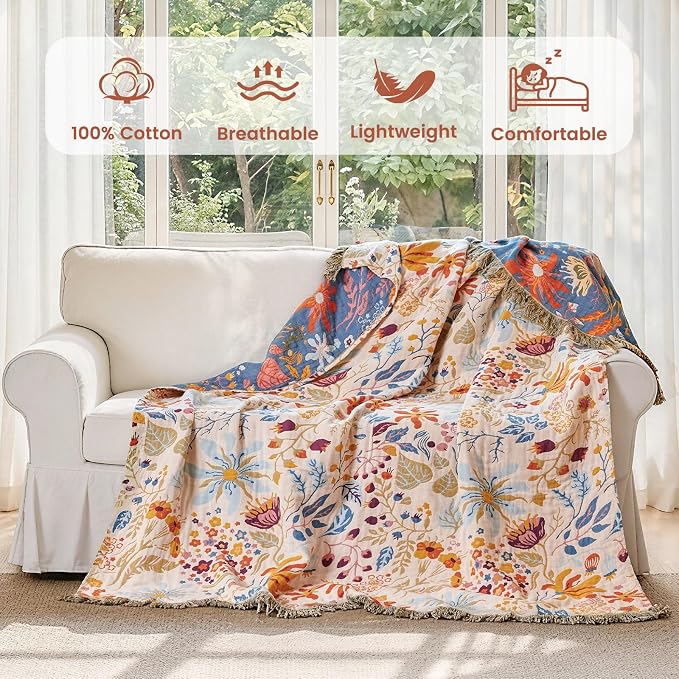 MSGKV Boho Throw Blanket for Couch 100% Cotton 50"x60" Floral Blanket Sofa Chair Throws Summer Breathable Lightweight Farmhouse Blankets Home Decor All Seasons