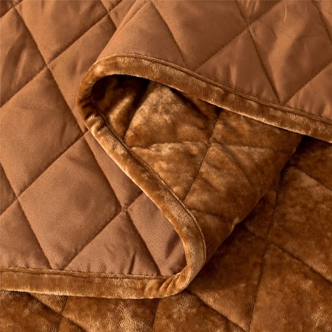 Fredsure Distressed Velvet Quilt Set, 3 Pieces Camarel Gold Queen, Distressed Velvet Face and Brushed Microfiber Reverse, with Diamond Quilting