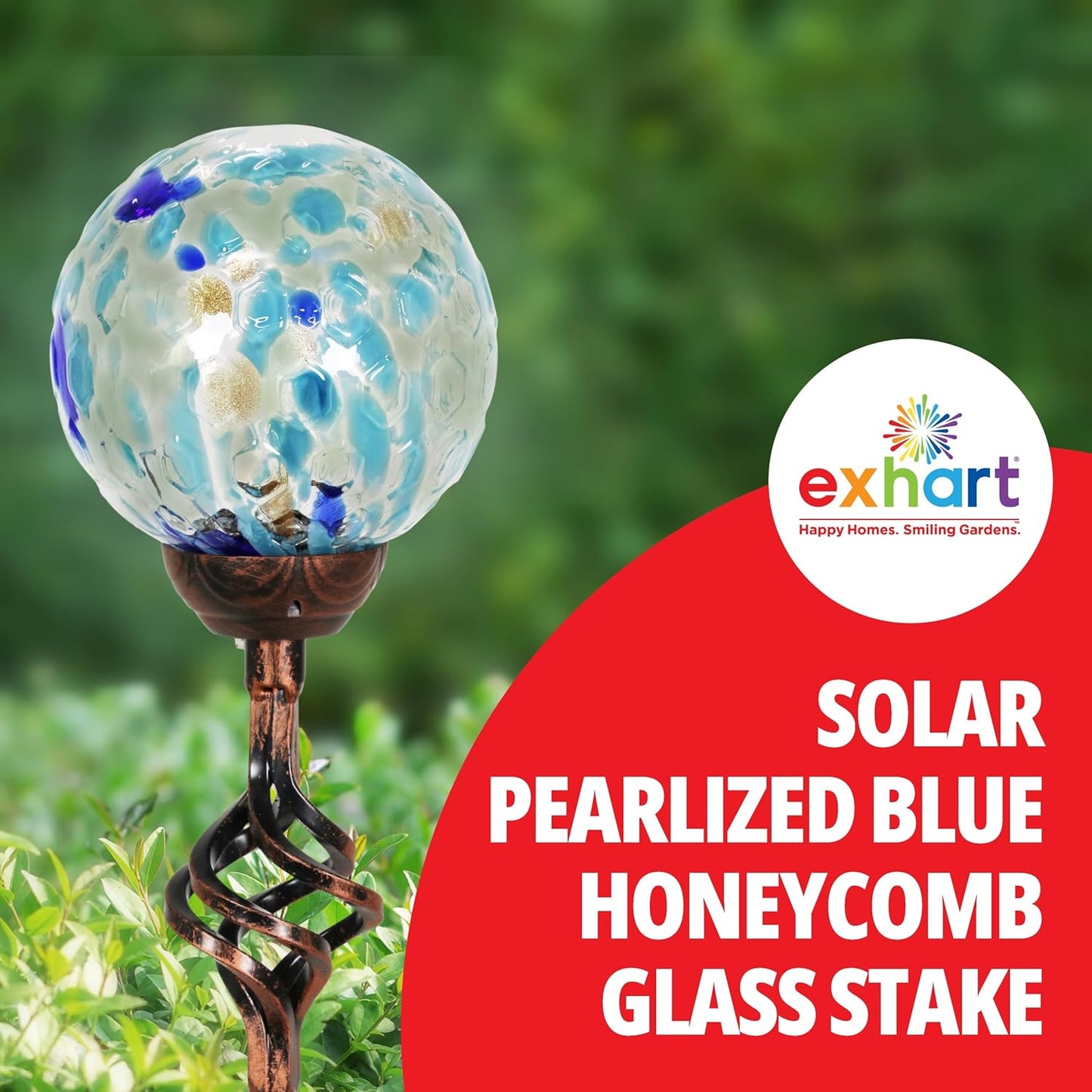 Exhart Garden Solar Lights, Decorative LED Honeycomb Glass Ball Garden Stake, Glass and Metal Outdoor Decoration, Blue, 4 x 31 Inch