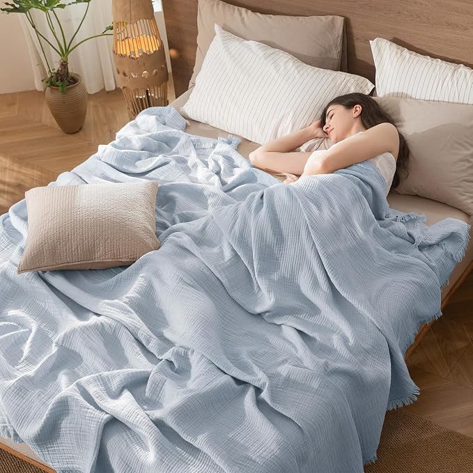 MooMee Muslin Blanket - 100% Cotton 4-Layer Gauze Throw Blanket with All-Around Fringe, Soft Breathable Lightweight Cooling Summer Blankets for Bed Couch(Dusty Blue,Oversize Queen 98" x 98")