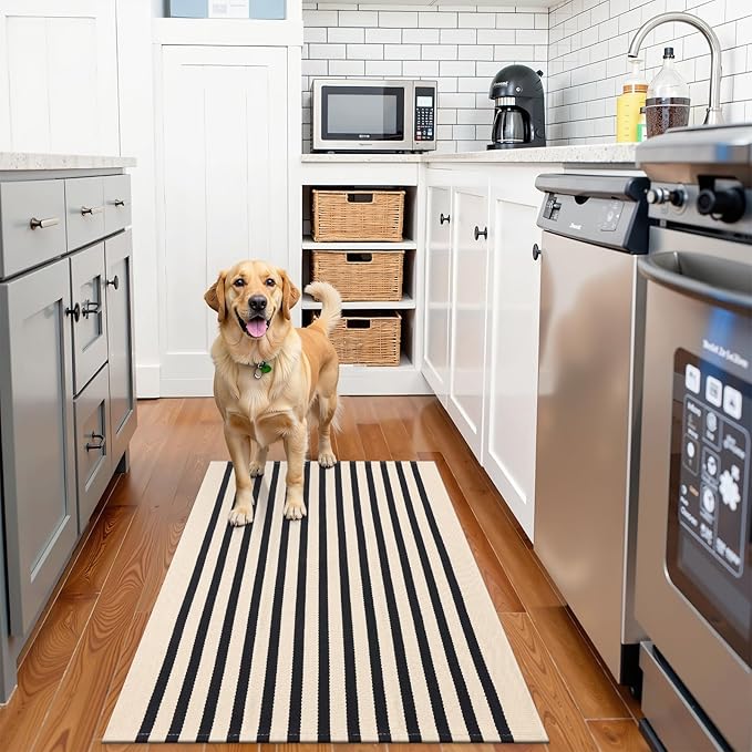 OLANLY Beige and Black Striped Rug 2' x 3' (24" x 36") – Washable Cotton Doormat for Indoor Outdoor Use, Layered Front Porch Rug for Entryway, Kitchen, Patio