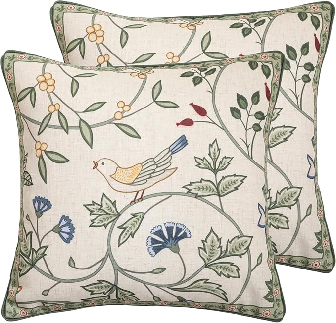 bilin gaier Designer Linen Throw Pillow Covers,18"x18" Set of 2-Idaho A | Vintage Elegant Square Pillow Cover,Concealed Zipper,Floral and Bird Pattern,Sofas,Bedroom,Living Room,Lounge Chairs