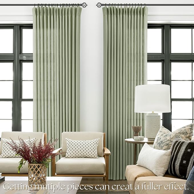 Pinch Pleated Sage Green Curtains 96 inch Long for Living Room 2 Panel Set Light Fitering Semi Sheer Light Green Linen Curtain with Pleat Hooks Rustic Farmhouse Sage Drapes 8 ft Length 40"x96"
