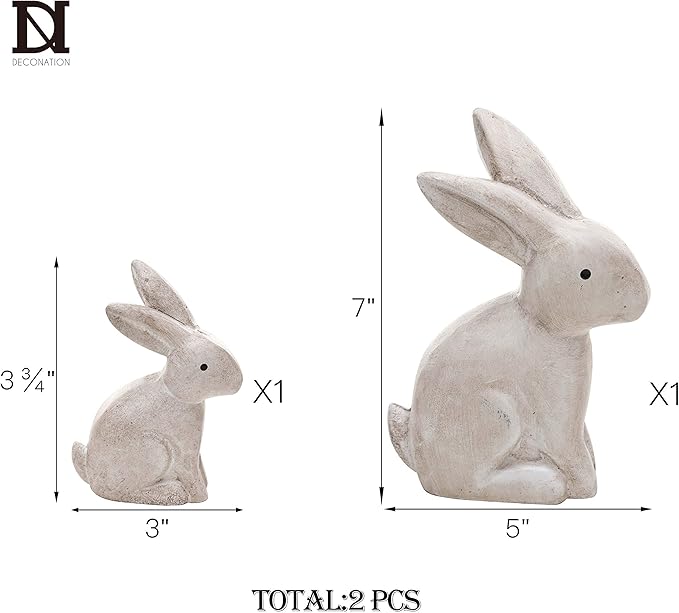 DN DECONATION Wooden Antique White 3D Bunny Rabbit Figurines for Spring Easter Decor Gift Set of 2