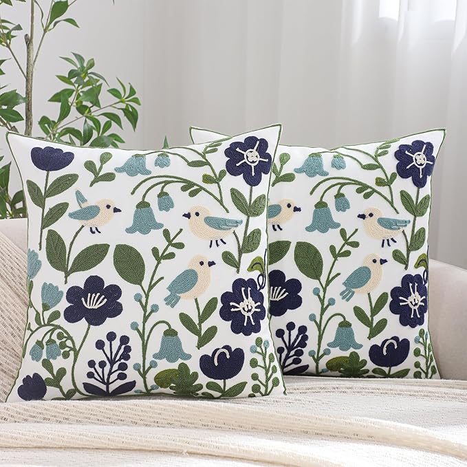 Spring Embroidered Pillow Covers 18x18 Pack of 2 Birds Throw Pillow Covers Green Leaves with Floral Pillowcases Farmhouse Pillow Cushion Cases Square Navy Blue Flower Pillow Case Home Decor