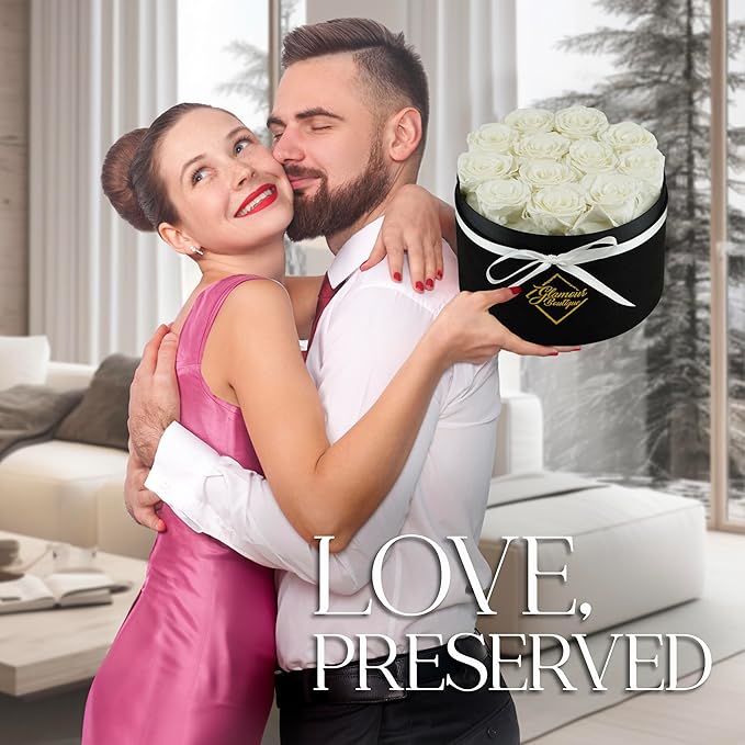 GLAMOUR BOUTIQUE Flowers Forever Gift Box, 12 Real Preserved Roses in Velvet Black Box, Floral Gift for Her, Mom or Wife for Birthday, Mother’s Day, Anniversary or Graduation, White (Color-Treated)