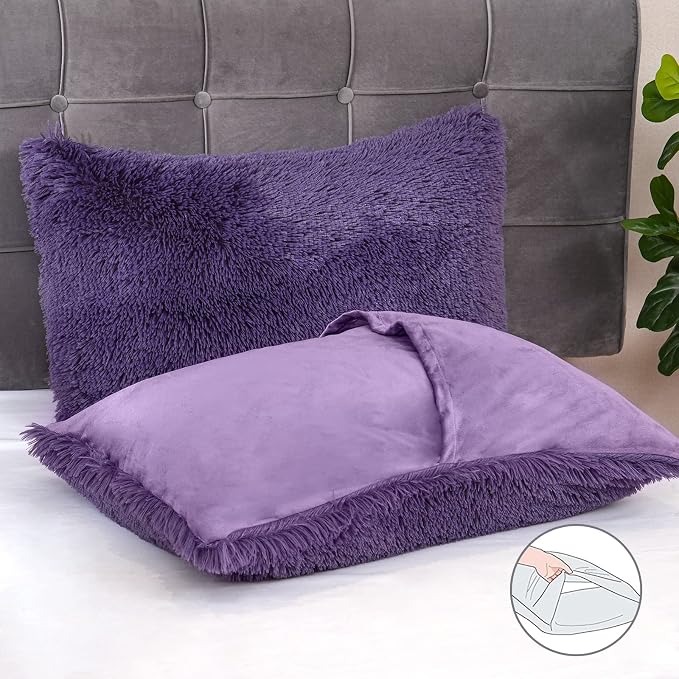 Fluffy Plush Purple Duvet Cover Set Queen Size, Luxury Ultra Soft Velvet Fuzzy Comforter Cover Bed Sets 4 Pcs(1 Faux Fur Duvet Cover + 2 Pillow Cases + 1 Pillow Cover) Zipper Closure (Queen, Purple)