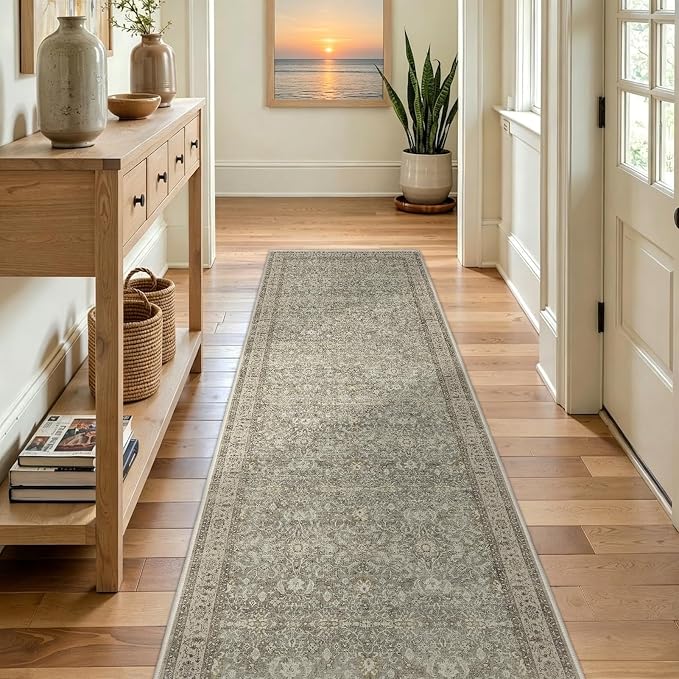 Neutral 2x6 Washable Runner Rug Non Slip, Transitional Modern Faromhouse Carpet Runners for Hallway Kitchen 6ft, Low Pile Ultra Thin Print Entryway Runner for Bathroom Bedroom, Gray/Beige/Olive