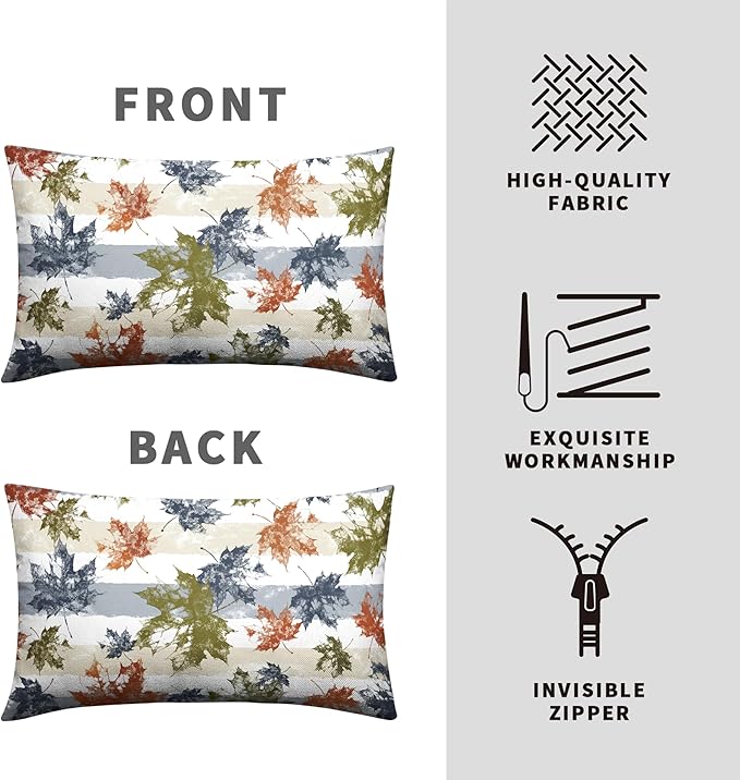 Thanksgiving Colorful Maple Leaves Lumbar Pillow Covers 12x20 Set of 2 Fall Rectangular Pillow Covers Blue Beige White Stripes Pillowcase Autumn Throw Pillow Covers for Patio Indoor Couch