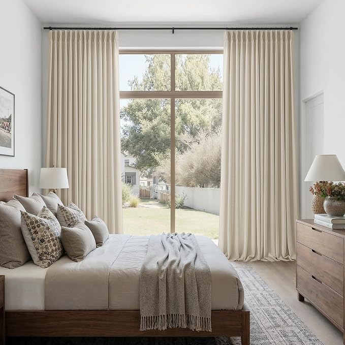 Neutral Beige Linen Pinch Pleated Curtains 92 Inches Long for Bedroom Living Room Light Filtering Pinch Pleat Drape with Back Tab Farmhouse 92 Inch Semi Sheer Curtain for Dining Room Oatmeal Sand