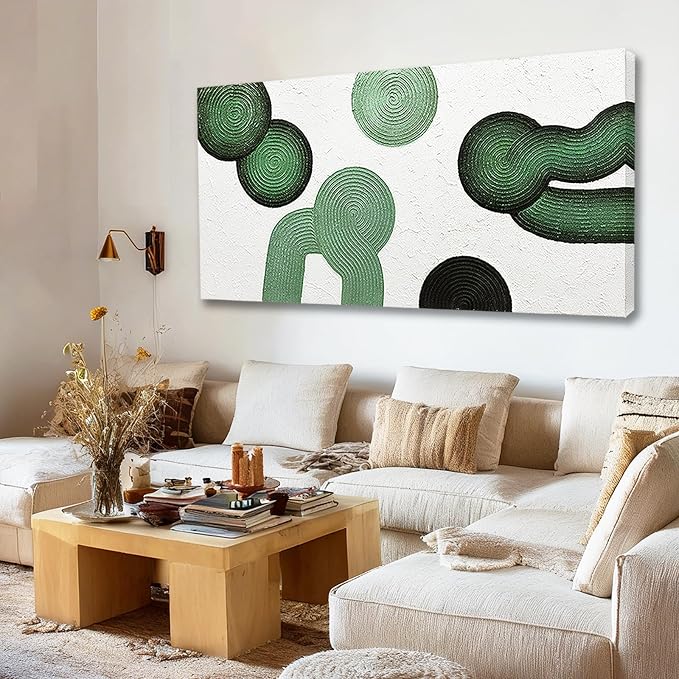 ZUNARE Large Green Abstract Wall Art, Hand Painted Textured Canvas with Organic Sculptural Forms, Oversized Modern Statement Wall Decor for Living Room Bedroom Office, 29×58 Inch