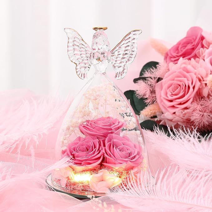 Mothers Day Rose Gifts for Women Preserved Real Flower in Glass Angel Figurines Roses for Delivery Prime Birthday Gifts for Mom Grandma Girlfriend Wife Her, Sweet Pink