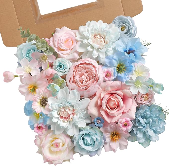 rongflower Artificial Flowers Combo Box Set Silk Flowers Fake Rose for DIY Floral Arrangements Wedding Bouquets Centerpieces Baby Shower Party Home Decorations (Blue Pink)
