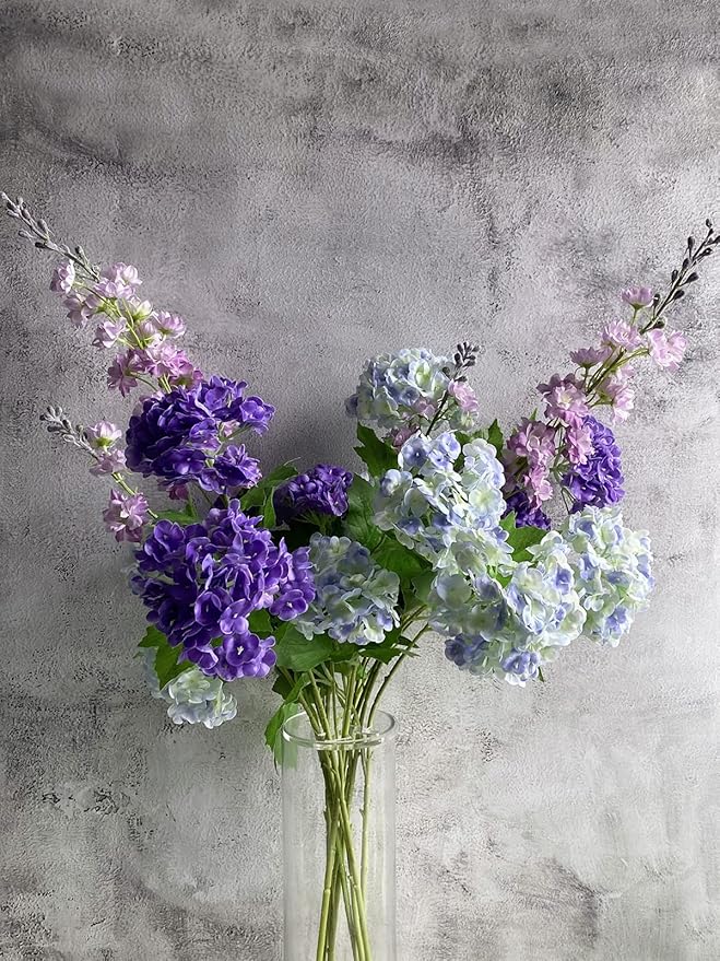 RUZUQE YalzoneMet Purple Small Hydrangea Artificial Flower 4 Pcs 26.8'' Lifelike Long Stem Snowball Viburnum Real Touch Faux Latex Flowers for Home Christmas Decoration Outdoor Wedding Decor
