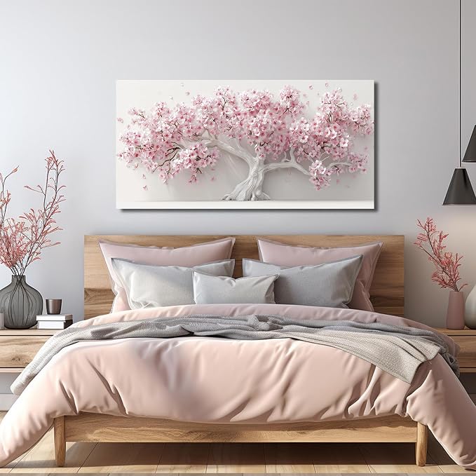AOZEMI Pink Wall Art for Living Room Bedroom Home Office Large Tree Wall Decor Flower Pictures Art White Artwork Modern Floral Canvas 24"x 48"