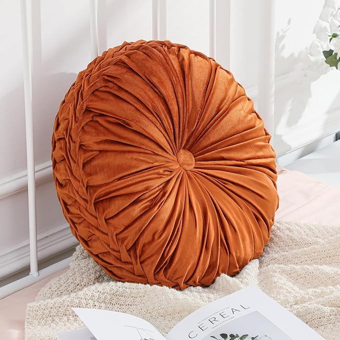 Drydiet 1 Pcs Round Throw Velvet Pillows Decorative Pleated Throw Pillows 18'' Diameter Accent Pumpkin Boho Chair Cushion for Couch Sofa Home Decoration (Brunt Orange)