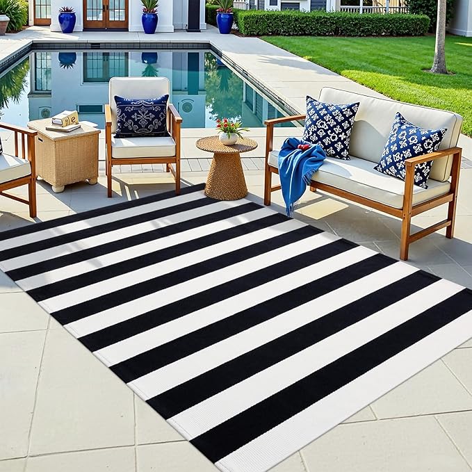 OLANLY Black and White Striped Rug 4' x 6' – Washable Cotton Indoor Outdoor Doormat for Front Door, Entryway, Kitchen, Porch, Patio Decor