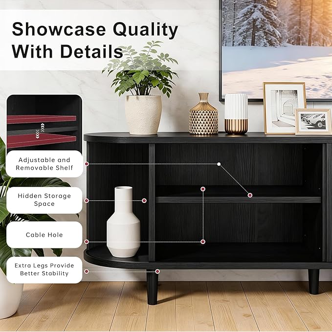 70" Mid Century Modern TV Stand, Wood TV Consoles with Sliding Doors and Power Outlet, Fluted Entertainment Center with Adjustable Shelves, Media Console for Living Room, Black