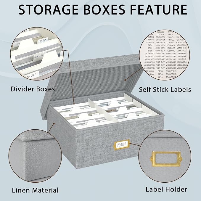 Decorative Photo Storage Box - Linen Photo Box Organizer with Dividers, Fits Holds Up to 1700 Pictures and 4x6 Photos, Memory Keepsake Organizer for Photos, Scrapbook Supplies, Cards, Stamps (Grey)