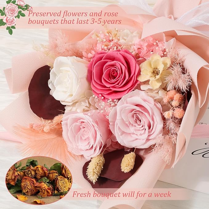 Preserved Flowers Bouquet 4 Roses with Vase,Flowers for Delivery Prime That Last 3-5 Years Real Forever Flowers Rose Bouquet for Mom Mother Women Wife Friends Birthday Mother's Day（Pink）