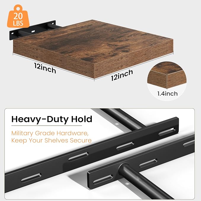 Fun Memories Floating Shelves for Wall, 12 Inch Set of 3 Rustic Wood Wall Shelves with Invisible Brackets, Heavy Duty Storage Display for Bathroom Bedroom Living Room Kitchen, Brown