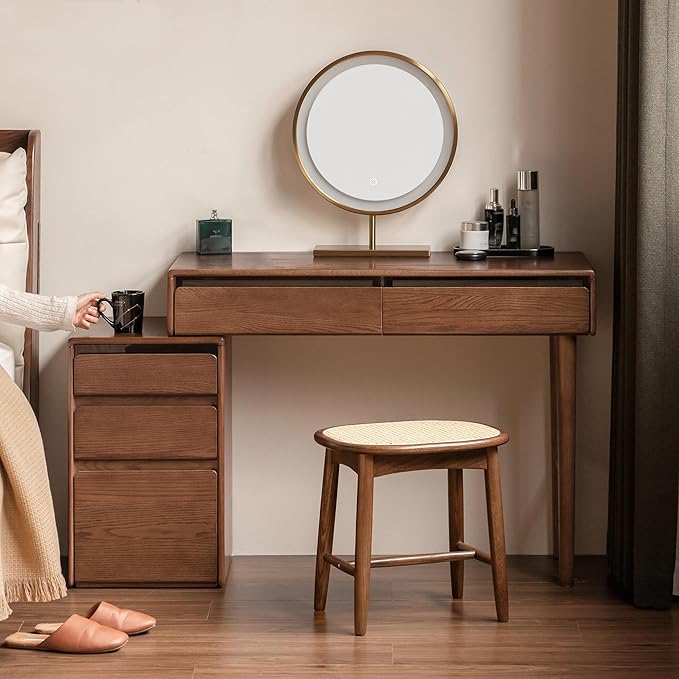 54" Extendable Vanity Desk, Solid Oak Wood Makeup Table with Adjustable Storage, Dressing Table for Bedroom, Study Desk for Home Office (No Chair & Mirror)
