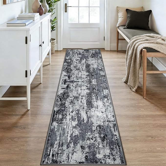 RELEANY Washable Area Rugs 2x9 Non-Slip Modern Abstract Soft for Living Room Entryway Bedroom Nursery, Print Pattern, Black Navy Blue Gray