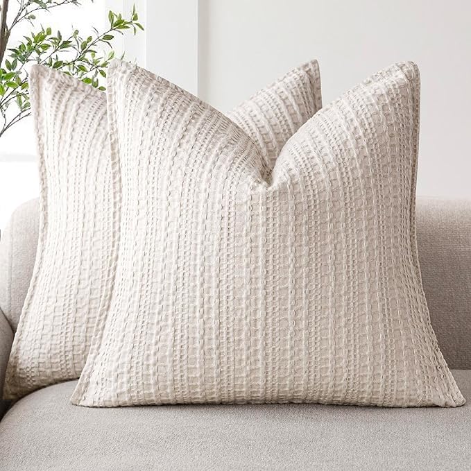 Foindtower Set of 2 Decorative Cotton Waffle Weave Throw Pillow Covers Euro Shams Cushion Covers Accent European Pillowcase for Bed Couch Sofa Bedroom Living Room Home Decor 22×22 Inch Oatmeal