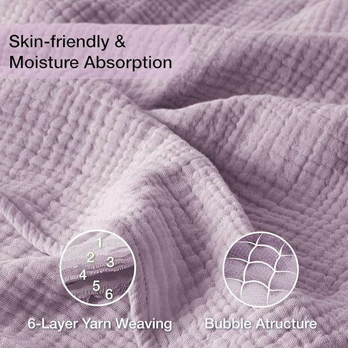 100% Cotton Muslin Blanket Queen 90" x 90", 6 Layers Breathable and Lightweight Cotton Throw Blanket for Bed, Soft Quilt Bedspread Coverlet, Gauze Blanket for Adults All Season, Lavender