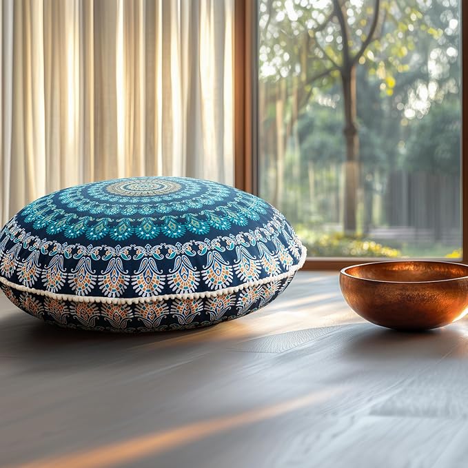 Codi Meditation Floor Pillow Set of 2, Round Large Pillows Seating for Adults, Bohemian Mandala Circle Cushion for Outdoor Fireplace Yoga Living Room, 32 Inch, Memory Foam Added, Navy
