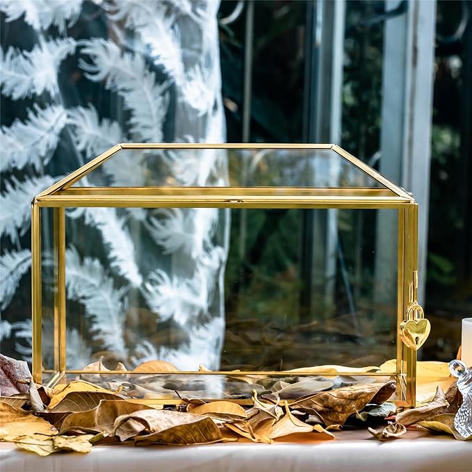 NCYP 12.6" x 5.9" x 9" Glass Wedding Cards Box with Slot and Lock for Party Reception, Centerpiece, Home Decorative, Gold (Glass Box Only) Slot Length 7.3 Inches