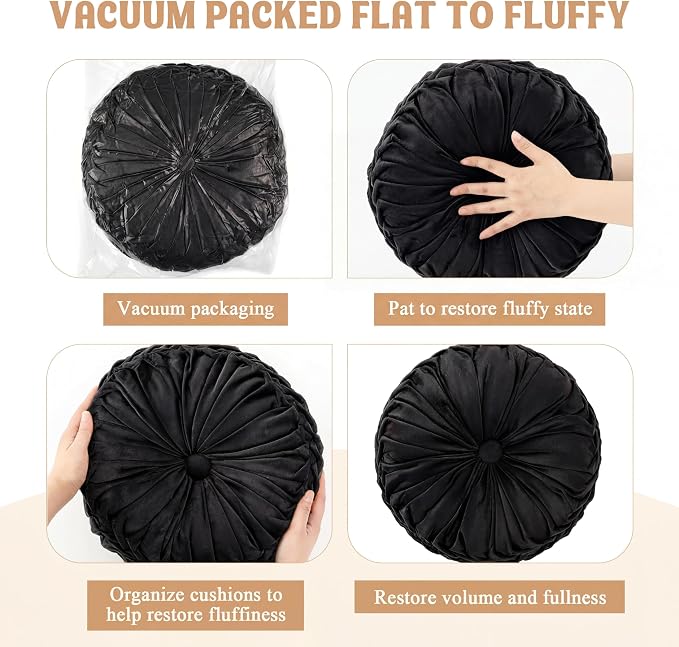 Drydiet 1 Pcs Round Throw Velvet Pillows Decorative Pleated Throw Pillows Diameter Accent Pumpkin Boho Chair Cushion for Couch Sofa Home Decoration (Black,15'')