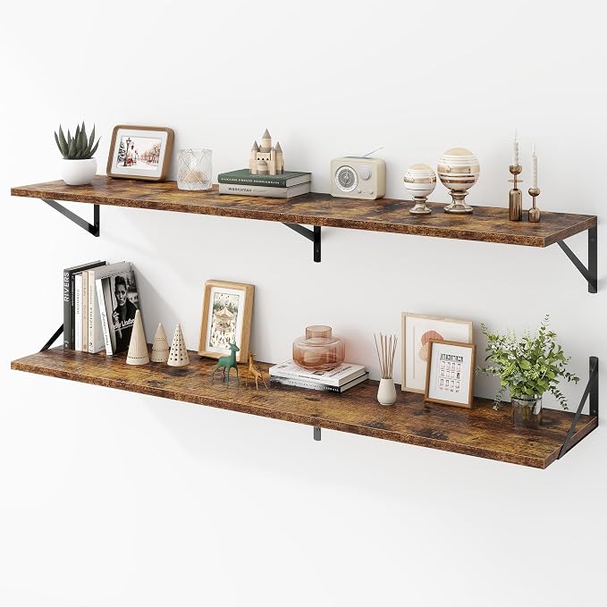 Acovy Deep Floating Shelves Wall Mounted, 55"x12" Brown Wood Shelves with Brackets Set of 2 for Bedroom, Living Room, Bathroom, Kitchen, Office - Storage & Display Shelf for Decor, Books, Plants