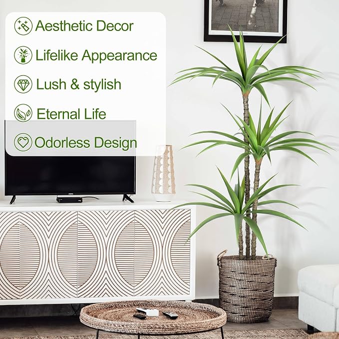 Artificial Tree 6ft Faux Agave Plant with 3 Heads in Pot Fake Tree for Home Decor Indoor or Outdoor Office Decoration,Farmhouse,Store Floor Decor Housewarming Gift(1 Pack)