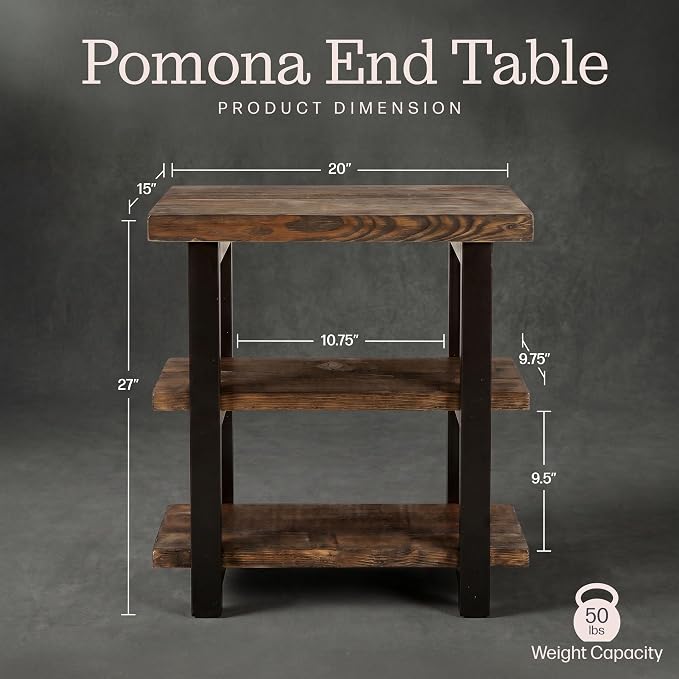 Alaterre Furniture Pomona Solid Wood 3-Tier End Table, Rustic Brown, 20” | Small Side Table or Nightstand with Storage Shelf and Metal Legs, Rustic Farmhouse Chair Side Table for Living Room & Bedroom