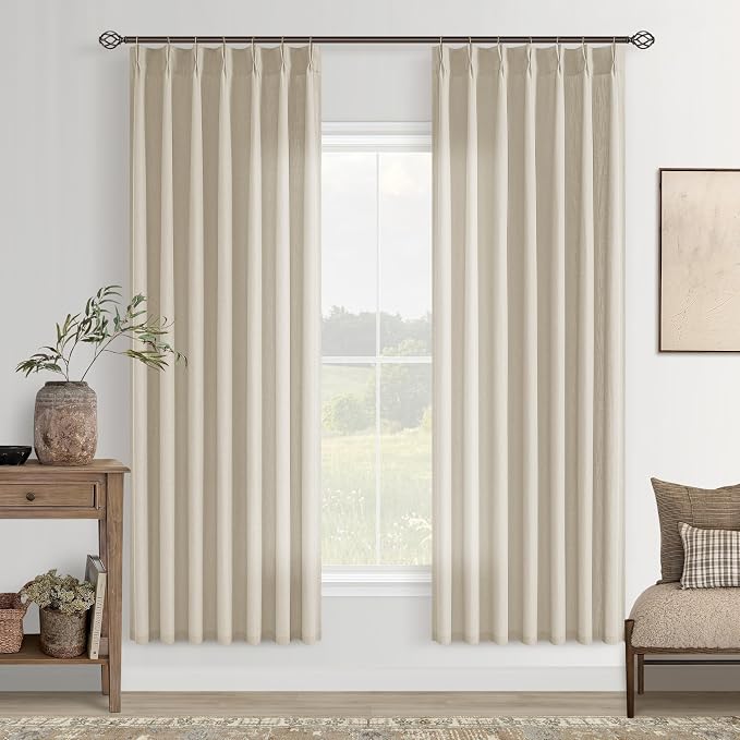 Curtains 72 Inches Long Semi Sheer Linen Pinch Pleated Drapes Neutral Country Boho Oatmeal Beige Flax Linen Light Filtering Back Tab Pinch Pleated 72 Inch Curtains Door Cabin Closet 2 Panels Set