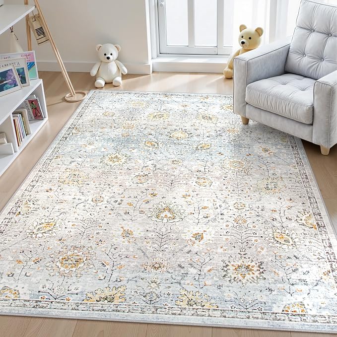 Lahome Flavie Boho Light Blue Area Rug 5x7 for Living Room, Soft Large Floral Rug for Bedroom Aesthetic, Machine Washable Floor Carpet Non Slip Indoor for Home Decor (Blue/Grey)