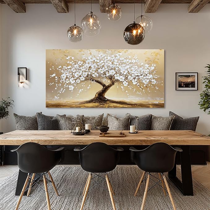 Ggaafet White FLower Tree Wall Art for Living Room Canvas Oil Painting Prints Beautiful Gold Floral Blooming Art Deco Modern Artwork Office Bedroom Family Dining Room Decor Extra Large