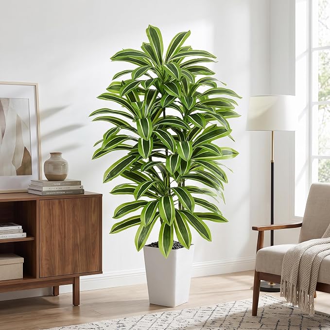 Artificial Yellow Dracaena Tree - 6FT Tall Fake Plants with White Tall Planter - Artificial Plants Indoor Floor Plant in Pot - Large Tropical Fake Yucca Potted Tree for Home Office Living Room Decor
