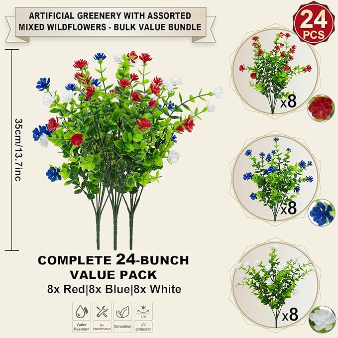 Hananona Artificial Flowers Outdoor, Faux Artificial Plants UV Resistant Plastic Flower Bulk for Hanging Planter Porch Window Home Wedding Fall Summer Decor (24, Red, White, Blue)