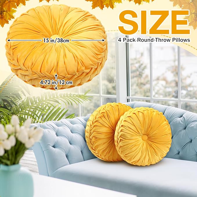 Beeveer 2 Pcs Round Throw Pillows 15 Inch Decorative Velvet Pleated Pumpkin Pillows Boho Floor Pillow with Center Button for Living Room Couch Chair Bed Sofa Home Decoration (Yellow)