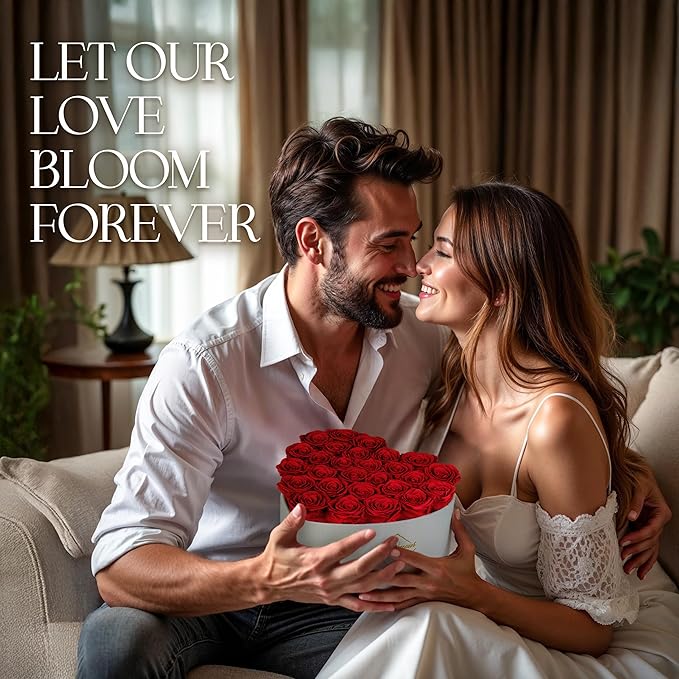 GLAMOUR BOUTIQUE Preserved Roses in a Box - Gifts for Her, Wife & Mom, Rose Flowers Forever Decor for Birthday Gift, Get Well Flower Bouquet Cased in White Box with Cover - Red - 27 (Color-Treated)