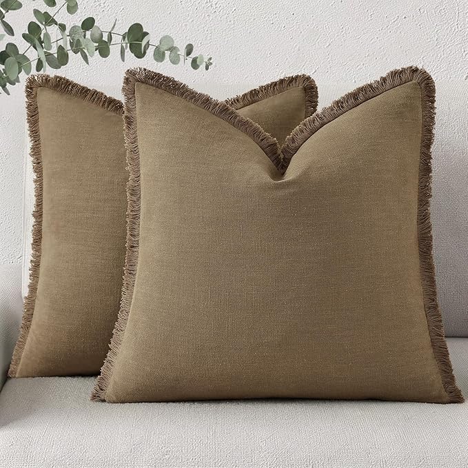 decorUhome Summer Decorative Neutral Linen Fringe Throw Pillow Covers Set of 2 Light Brown Pillow Covers with Tassels Soft Farmhouse Boho Accent Pillow Cases for Couch Bed Sofa 18x18 Inch