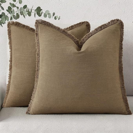 decorUhome Summer Decorative Neutral Linen Fringe Euro Sham Throw Pillow Covers Set of 2 Light Brown Pillow Covers with Tassels Soft Farmhouse Boho Accent Pillow Cases for Couch Bed Sofa 22x22 Inch